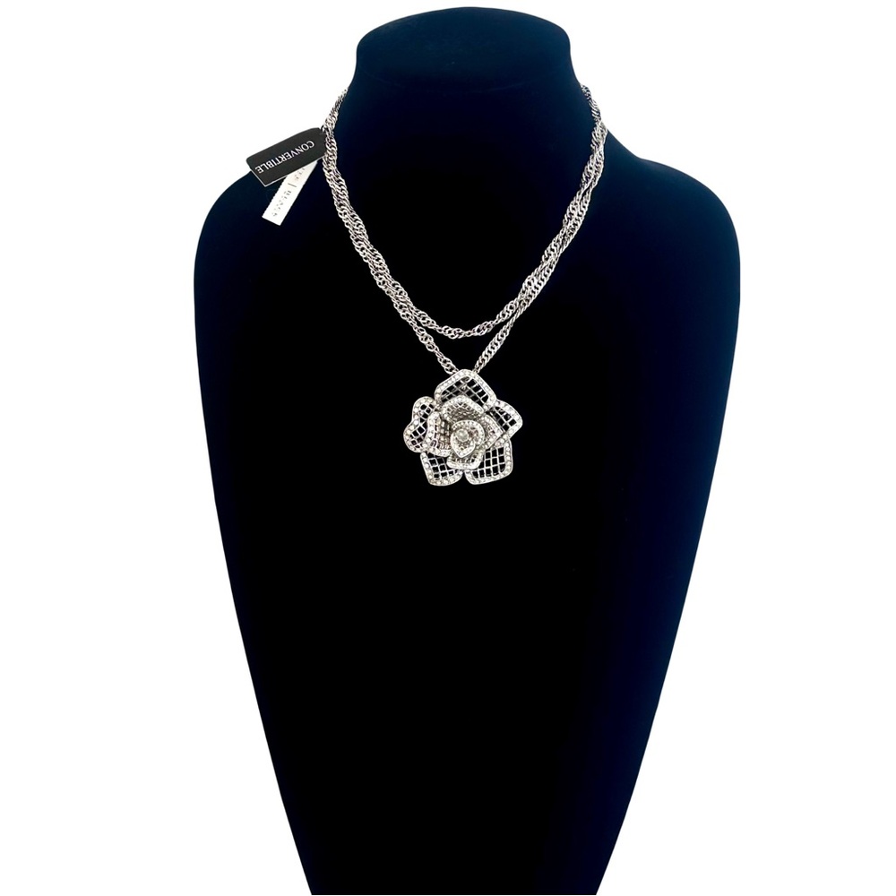 WHBM Pave Crystal Silver Rose Pendant/Broach Convertible Necklace NWT - Picture 3 of 14